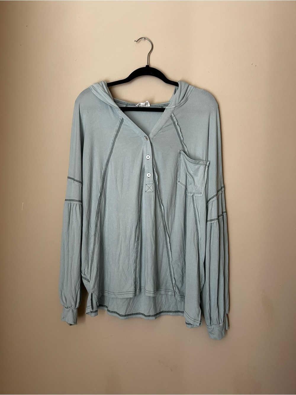 Relaxed Light Blue Hooded Henley Pullover